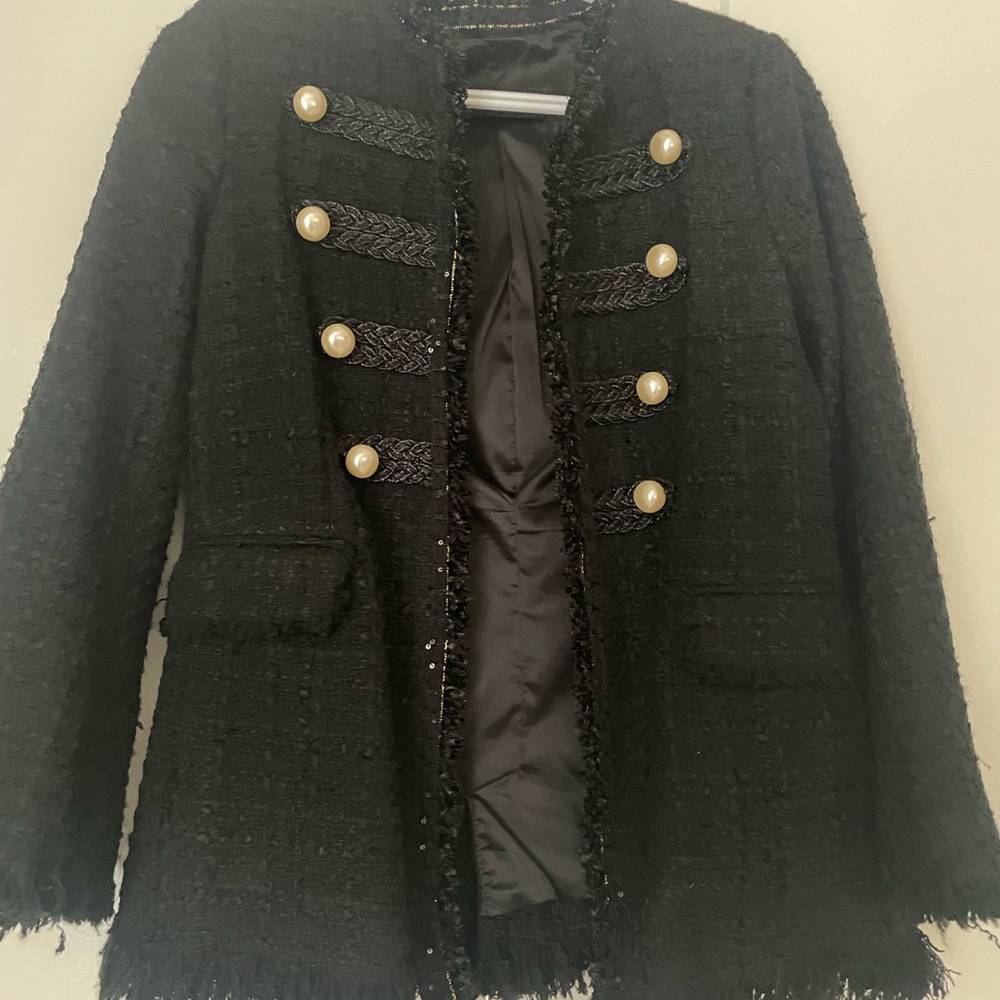 ZARA Black Textured Military Tweed Boucle Frayed Pearl Button Blazer